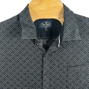 Nat Nast Men XL Navy‎ Geometric Silk/Cotton Short Sleeve Button Up Shirt